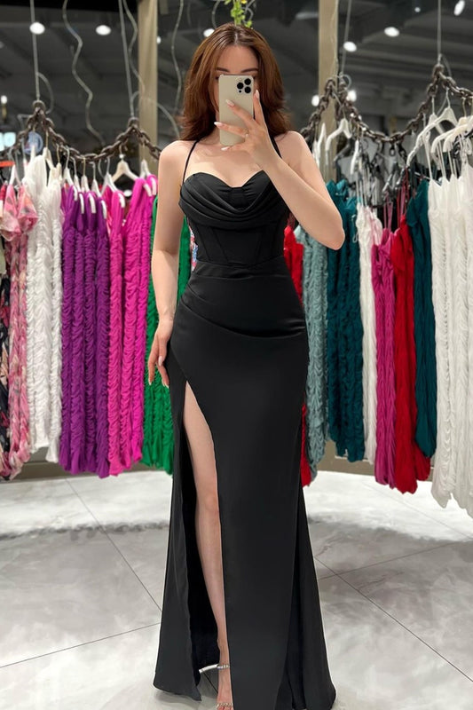 Black Evening Dress Spaghetti Strap Sweatheart With High Slit