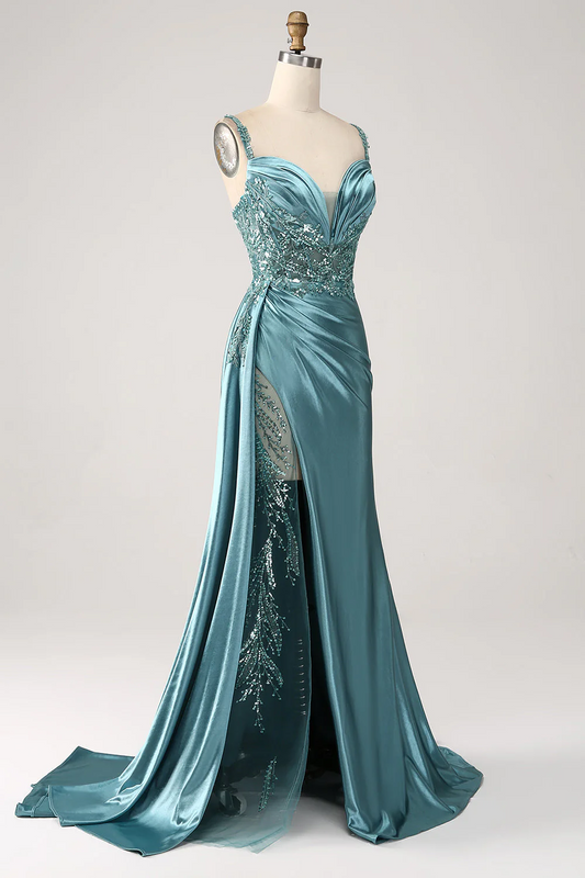 Blue Mermaid Long Spaghetti Strap Prom Dress with Slit