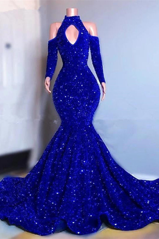 Gorgeous High Neck Royal Blue Mermaid Prom Dress Sequins Long Sleeves Evening Gowns