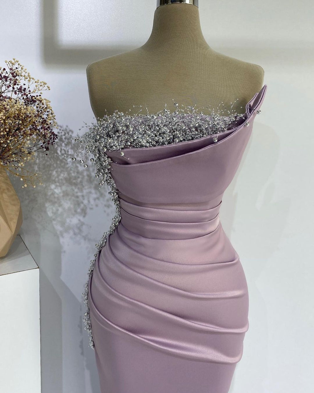 Beautiful Wisteria Strapless Mermaid Prom Dresses Long With Pearls