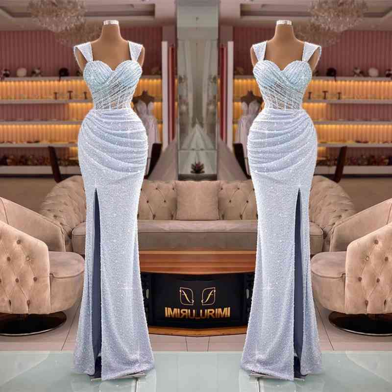  Glamorous Straps Sweetheart Mermaid Sequin Split Evening Dress with Pleats