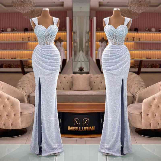  Glamorous Straps Sweetheart Mermaid Sequin Split Evening Dress with Pleats