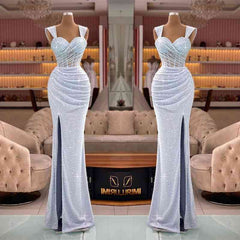  Glamorous Straps Sweetheart Mermaid Sequin Split Evening Dress with Pleats