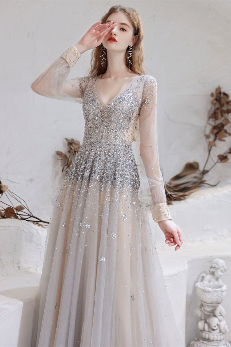 Gorgeous Long Sleeves Fairy Tulle Prom Dress Long With Beads V-Neck