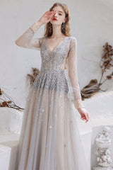 Gorgeous Long Sleeves Fairy Tulle Prom Dress Long With Beads V-Neck