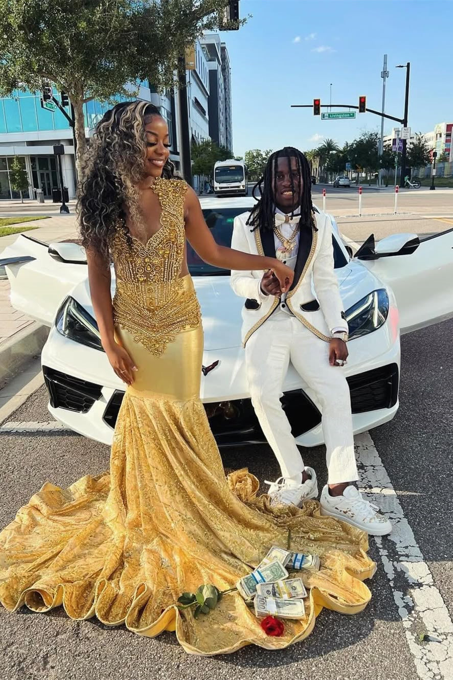 Modern Gold Sleeveless Prom Dress Mermaid Long With Lace Beadings