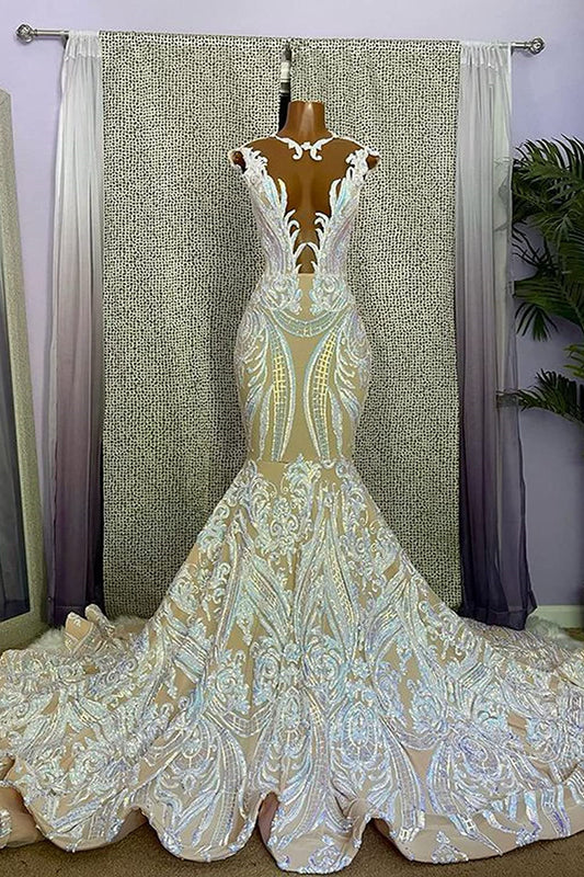 Classic Deep V-Neck Mermaid Prom Dress Sleeveless Sequins Long