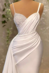 Modern White Spaghetti-Straps Pearl Mermaid Prom Dress With Ruffles