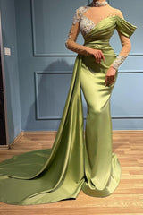 Classy High neck Long Sleeves Prom Dress Mermaid Ruffles With Applique Beads