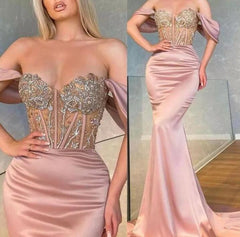 Glorious Dusty Pink Of-the-Shoulder Mermaid Prom Dress Slit With Beadings