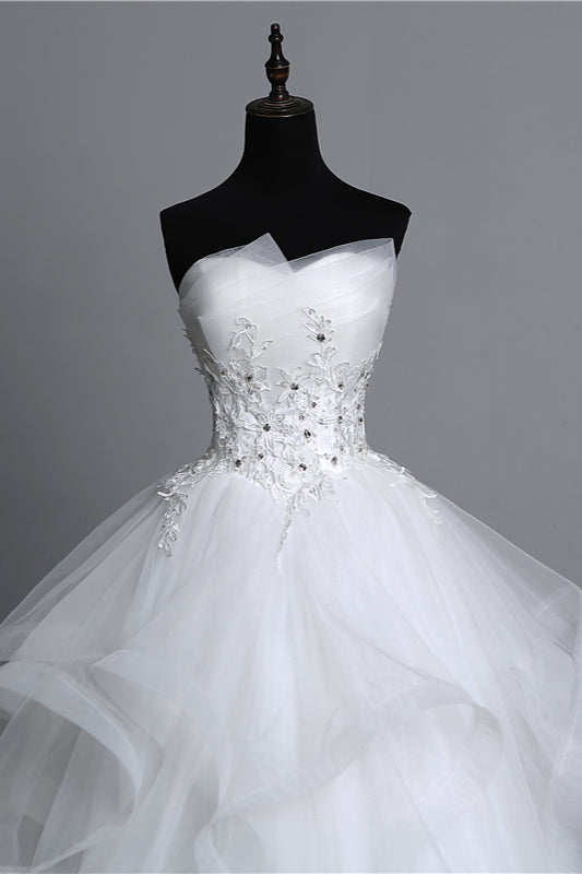 Strapless Long Wedding Dress with Modest Ball Gown Silhouette and Tulle Layers, Beaded Appliques
