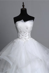 Strapless Long Wedding Dress with Modest Ball Gown Silhouette and Tulle Layers, Beaded Appliques