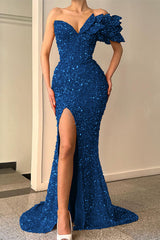 Glitter Orange Off-the-Shoulder V-Neck Mermaid Split Evening Dress with Sequins