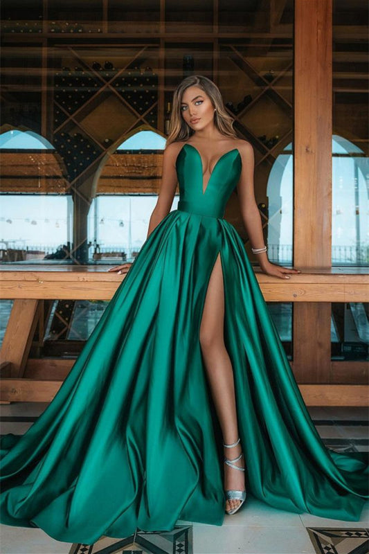 Stunning V-Neck Sleeveless Emerald Green Prom Dress Long With Split