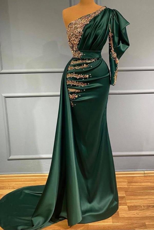Classic Dark Green One Shoulder Mermaid Prom Dress With Beads