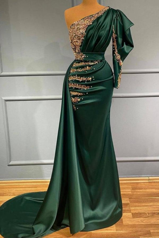 Classic Dark Green One Shoulder Mermaid Prom Dress With Beads