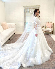 Elegant High Neck A-line Wedding Gown Featuring Lace Sleeves and Open Back