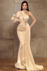 Champagne One Shoulder Long Prom Dress Mermaid Long Sleeves