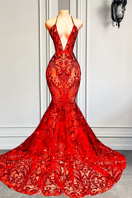 Red Halter Mermaid Prom Dress with Sequins Lace