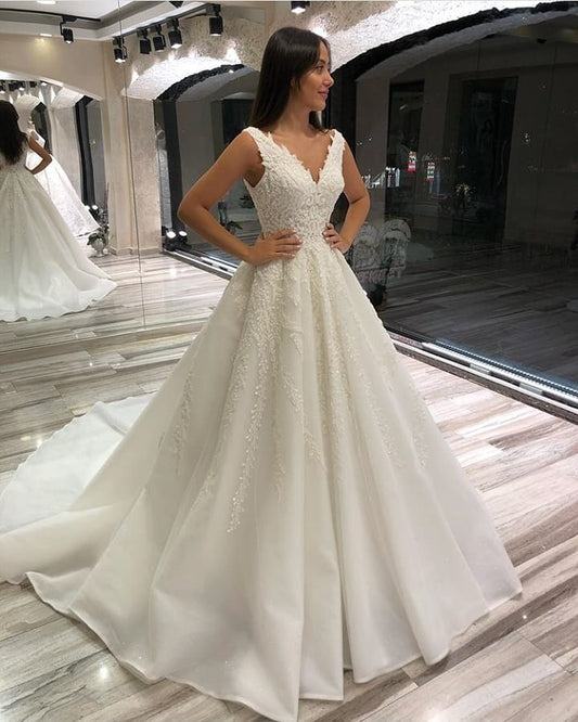 Long A-line V-neck Sleeveless Wedding Dress in Elegant Lace