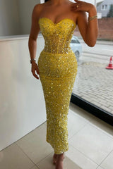 New Arrival Yellow Sweetheart Mermaid Prom Dress Sequins Beads tea-Length