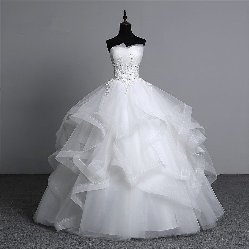 Strapless Long Wedding Dress with Modest Ball Gown Silhouette and Tulle Layers, Beaded Appliques