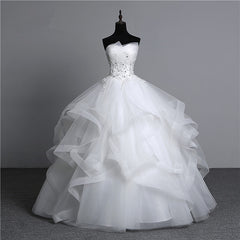 Strapless Long Wedding Dress with Modest Ball Gown Silhouette and Tulle Layers, Beaded Appliques