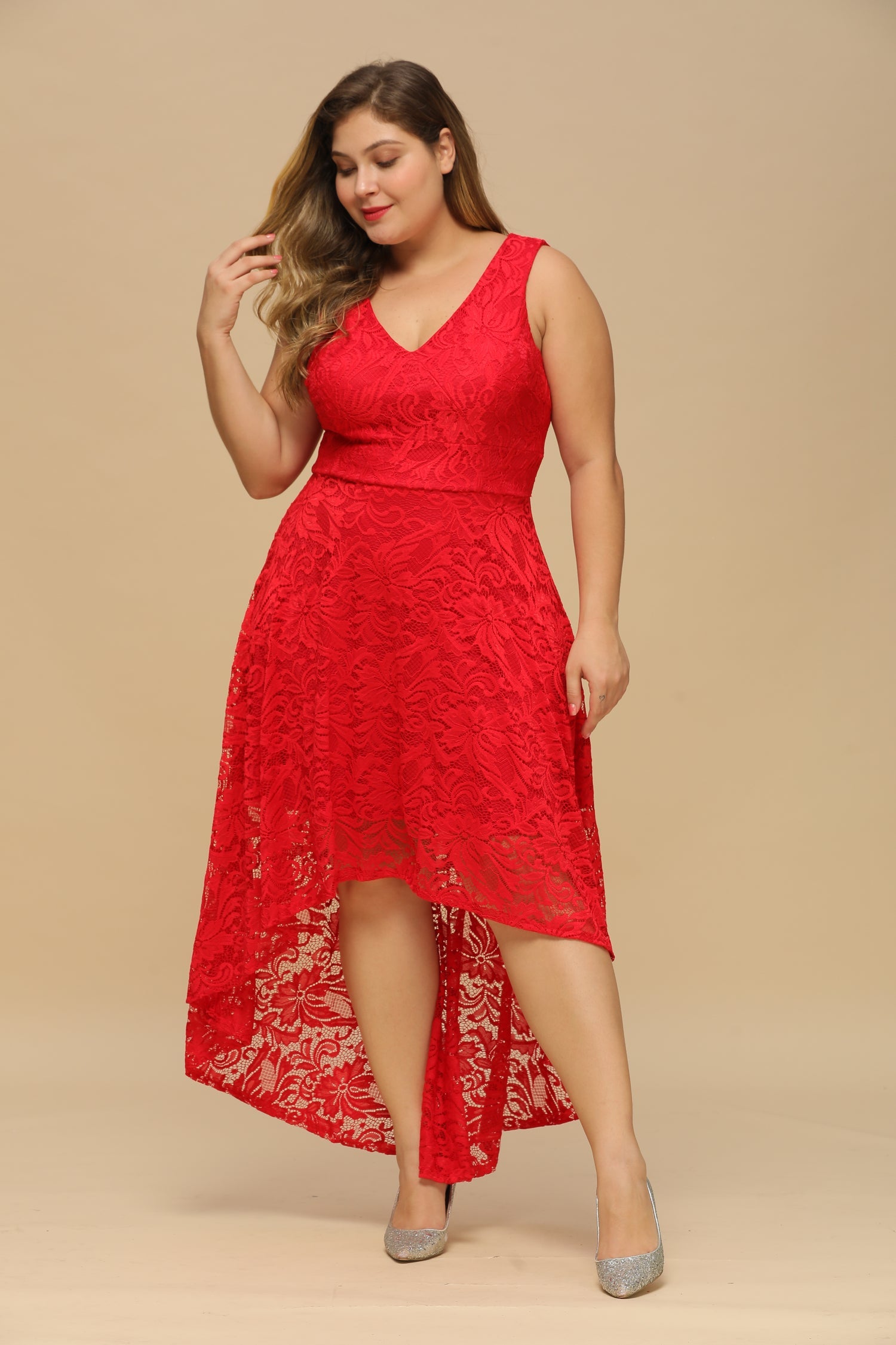 RjerStore Burgundy A-line Hi-lo V-neck Lace Dresses
