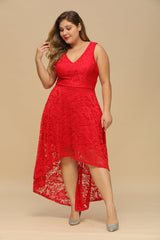 RjerStore Burgundy A-line Hi-lo V-neck Lace Dresses