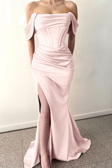 Dusty Rose Off-the-Shoulder Pleated Prom Dress Mermaid Split
