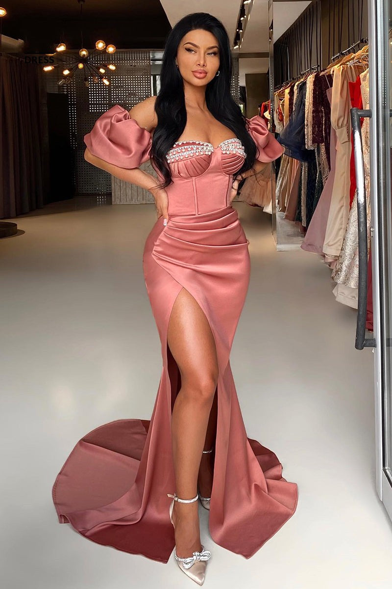 Modern Dusty Rose Sweetheart Mermaid Prom Dresses Beads With Split Long Pleats