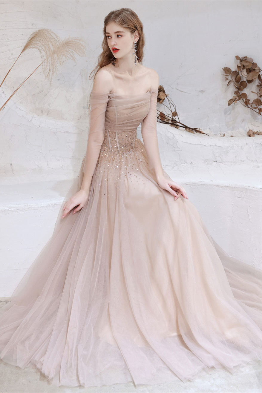 Gorgeous Sheer Long Sleeves Prom Dress Tulle Lace-up Off-the-Shoulde
