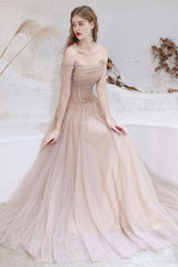 Gorgeous Sheer Long Sleeves Prom Dress Tulle Lace-up Off-the-Shoulde