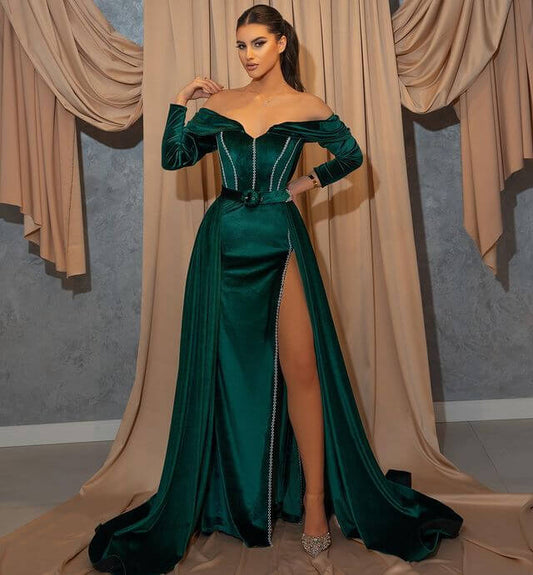 Glorious Dark Green Long Sleeves Mermaid Prom Dress Off-the-Shoulder With Slit