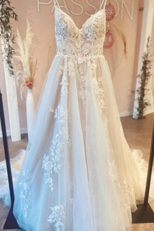 Long A-line Wedding Dress with Elegant V-neck and Spaghetti-Straps in Tulle, Backless Design
