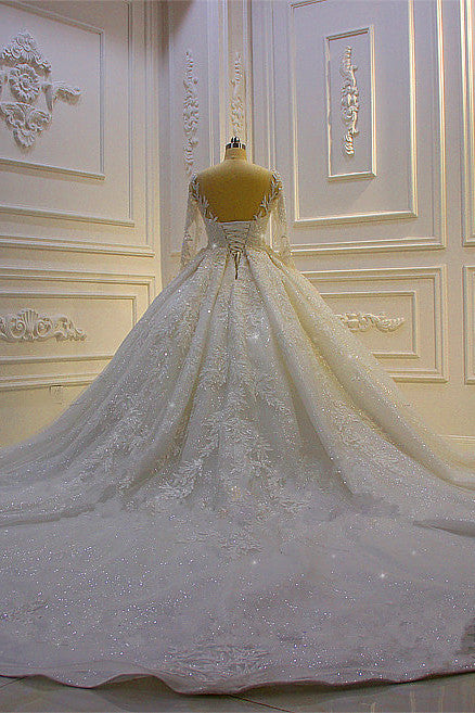 Elegant Long Wedding Dress with Beading, Lace Appliques, and Church Train Sleeves