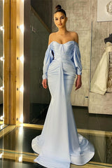 Long Sleeves Sky Blue Mermaid Prom Dress Off-the-Shoulder
