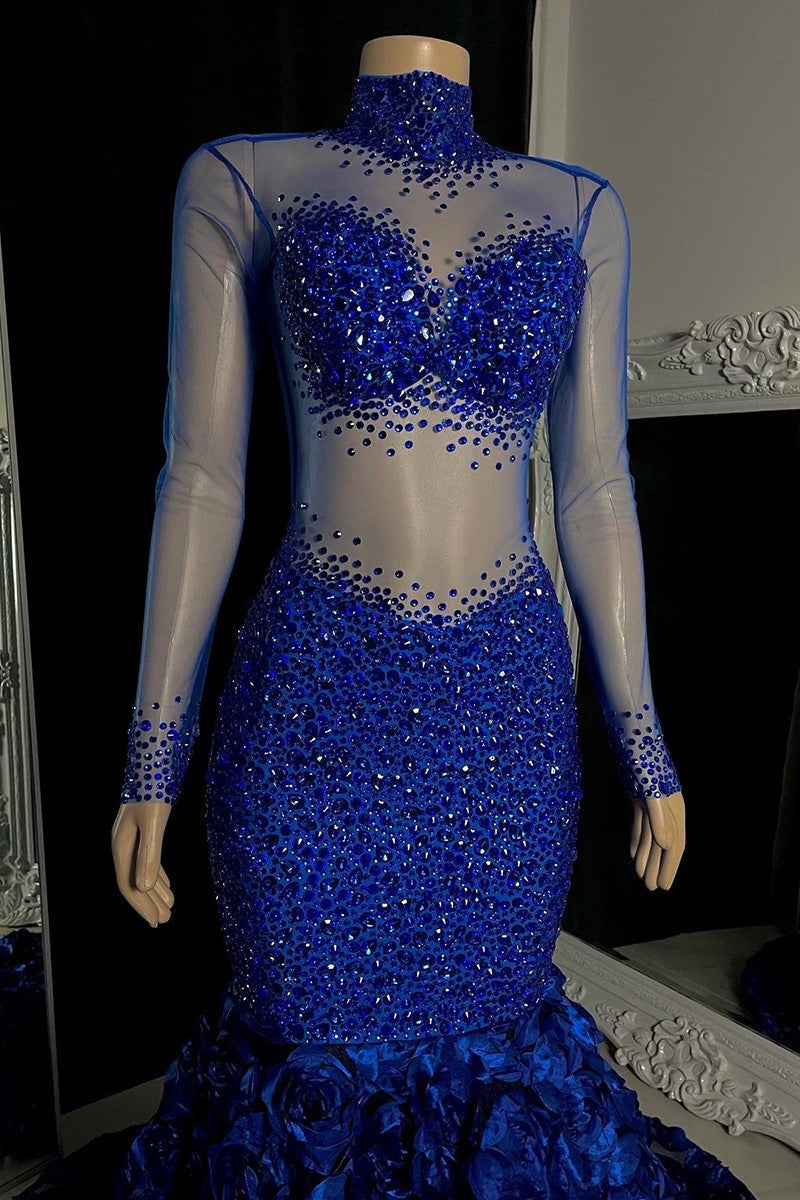 Chic High Neck Long Sleeves Mermaid Prom Dress Flowers Botton With Beads