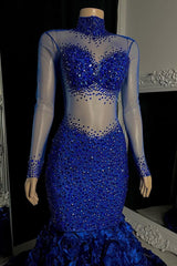 Chic High Neck Long Sleeves Mermaid Prom Dress Flowers Botton With Beads