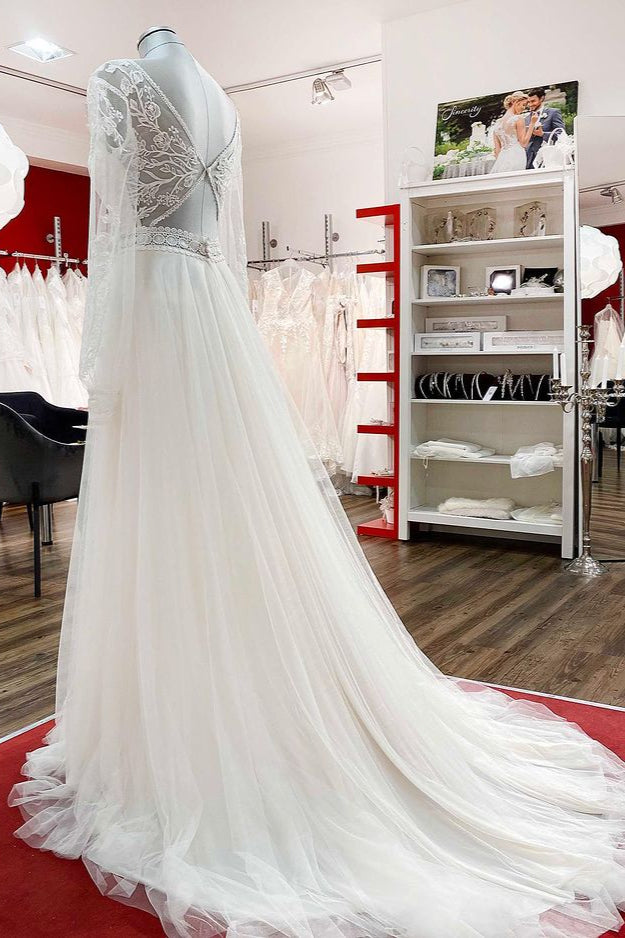 Elegant Sweetheart Neckline Long A-line Bridal Gown With Sleeves Featuring Tulle Beadings and Lace