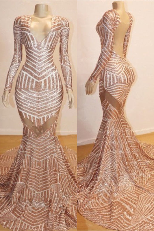 Stunning Long Sleeves Mermaid Prom Dress Sequins Backless