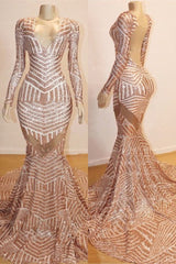 Stunning Long Sleeves Mermaid Prom Dress Sequins Backless