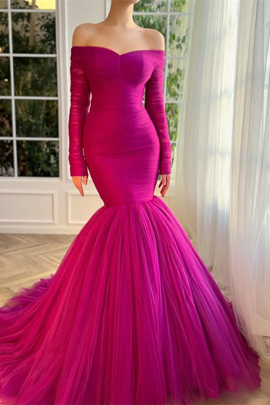 Chic Fuchsia Long Sleeves Prom Dress Mermaid Off-the-Shoulder Tulle