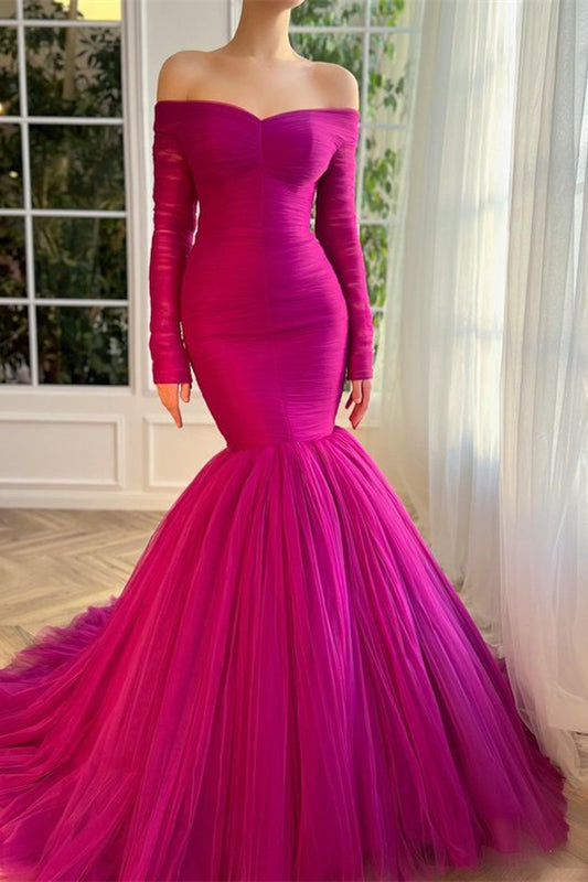 Chic Fuchsia Long Sleeves Prom Dress Mermaid Off-the-Shoulder Tulle