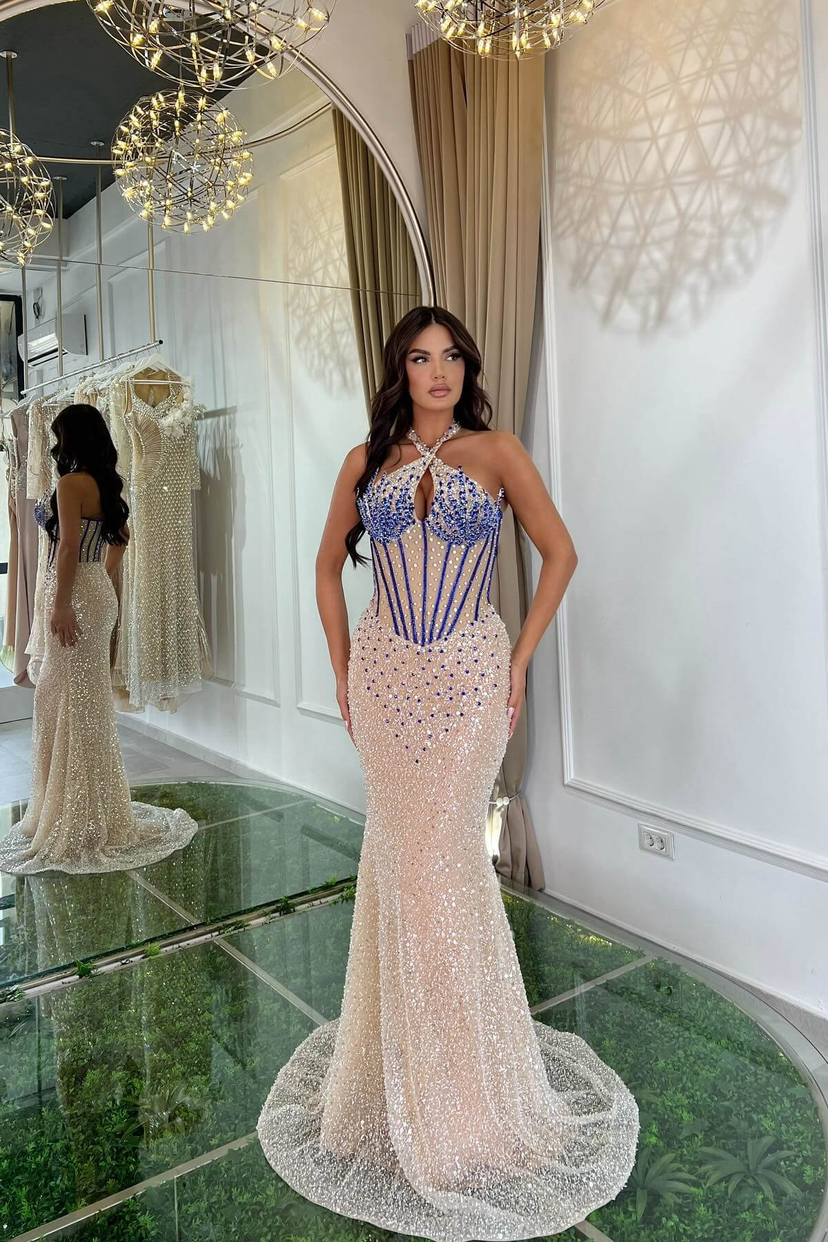 Fabulous Champagne Halter Sleeveless Mermaid Prom Gown With Beadings Sequins Crystals