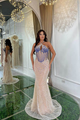 Fabulous Champagne Halter Sleeveless Mermaid Prom Gown With Beadings Sequins Crystals