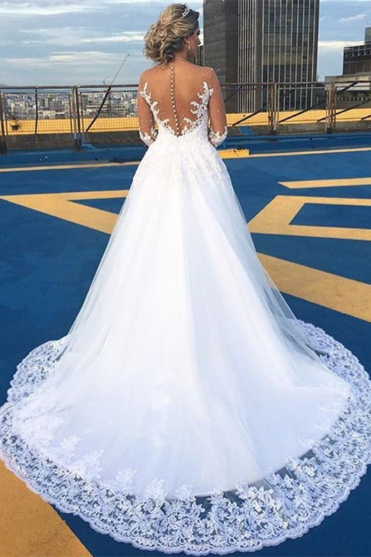 A Line Lace Wedding Dress with V Neck and Long Sleeves
