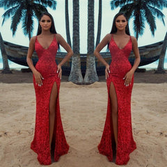 Charming Red Sequins Prom Dress Spaghetti-Straps V-Neck Mermaid With Split