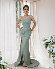 Green Prom Dress Spaghetti Strap With Pleated Slit