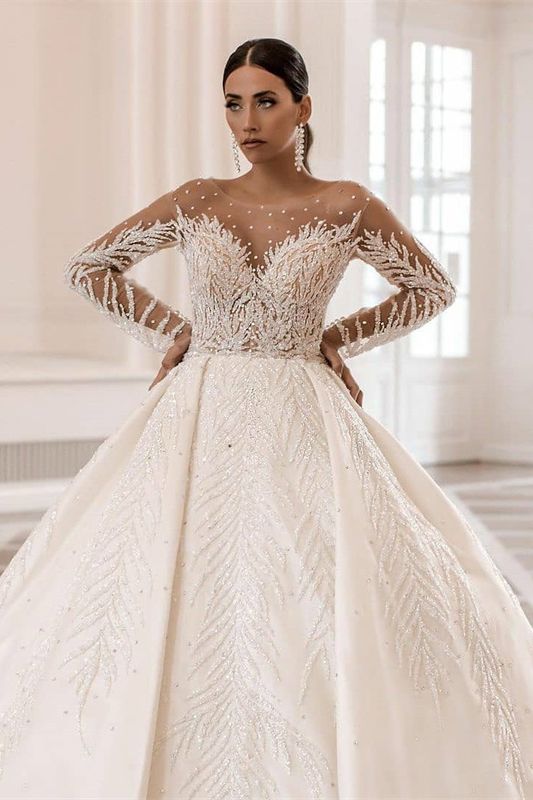 Elegant Long-Sleeve Satin Bateau Wedding Gown with Crystal Pearl Details
